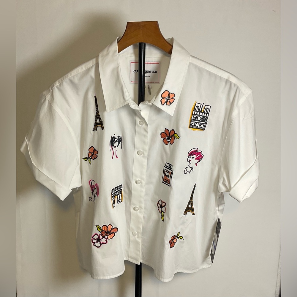 KARL LAGERFELD PARIS Petite Cotton Embroidered Short-Sleeve Shirt Size XL - Picture 3 of 8